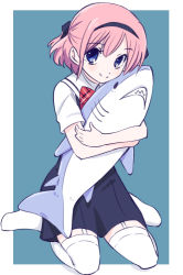 Rule 34 | 1girl, black ribbon, blue eyes, blue skirt, blush, closed mouth, commentary request, fish, grisaia (series), grisaia no kajitsu, hairband, holding, holding stuffed toy, komine sachi, looking at viewer, pink hair, pleated skirt, ribbon, school uniform, shark, short hair, short sleeves, skirt, smile, solo, stuffed animal, stuffed shark, stuffed toy, thighhighs, tonmoh, white thighhighs