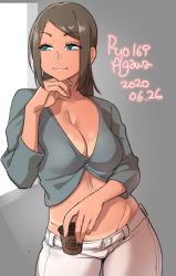 Rule 34 | 1girl, 2020, agawa ryou, blue eyes, blue shirt, breasts, brown hair, cleavage, coffee, coffee cup, collarbone, commentary, cup, dated, disposable cup, hand on own chin, large breasts, light smile, long hair, midriff, navel, original, pants, shirt, signature, smile, solo, tan, tanline