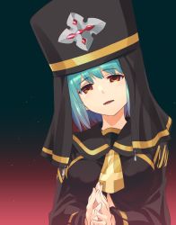 Rule 34 | 1girl, absurdres, blue hair, breasts, commentary request, corruption, dark persona, gradient background, green hair, highres, ishiyumi, looking at viewer, medium breasts, open mouth, orange eyes, original, own hands together, portrait, priestess, sailor collar, short hair, smile, solo, veil