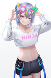 Rule 34 | 1girl, arms up, bad id, bad pixiv id, black shorts, clothes writing, collarbone, commentary request, cowboy shot, crop top, crop top overhang, ear piercing, earrings, grey hair, grin, hair ornament, head wreath, highres, ironatsuki, jewelry, long sleeves, looking at viewer, midriff, navel, original, piercing, red eyes, sharp teeth, shirt, short hair, short shorts, shorts, simple background, smile, solo, stomach, teeth, white background, white shirt