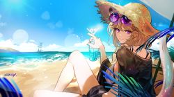 Rule 34 | 1girl, aqua nails, arknights, bare legs, beach, beach umbrella, bikini, black jacket, black shorts, blonde hair, blue sky, braid, breasts, brown hat, closed mouth, crazy straw, cup, day, drink, drinking glass, drinking straw, eyewear on head, from behind, grey bikini, hat, highres, holding, holding cup, jacket, knee up, large breasts, lens flare, long hair, long sleeves, looking at viewer, looking back, nail polish, off shoulder, official alternate costume, open clothes, open jacket, outdoors, purple-tinted eyewear, purple eyes, round eyewear, short shorts, shorts, side braid, sideboob, signature, single bare shoulder, sitting, sky, smile, solo, straw hat, striped bikini, striped clothes, sunglasses, swimsuit, tail, tinted eyewear, twice12314, umbrella, utage (arknights), utage (summer flowers) (arknights), vertical-striped bikini, vertical-striped clothes, water