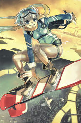 Rule 34 | 1girl, aircraft, airplane, backpack, bag, bird, blue eyes, boots, cityscape, female focus, flying, full body, goggles, grin, hoverboard, jacket, jet, original, outdoors, pantyhose, randoseru, scarf, short hair, sky, smile, solo, squatting, sunset, track jacket, water, watermark, white hair, yahagi yuhichi