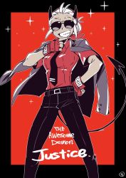 Rule 34 | 1girl, black necktie, black pants, character name, commentary, demon girl, demon horns, demon tail, dress shirt, english commentary, english text, gloves, grin, hand on own hip, hand on own face, helltaker, highres, horns, jacket, jacket on shoulders, justice (helltaker), natano hisanori, necktie, pants, red shirt, shirt, short sleeves, simple background, smile, solo, sparkle, sunglasses, tail, tinted eyewear, white hair