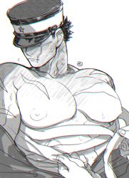 Rule 34 | 1boy, abs, assisted exposure, bandages, bara, bare pectorals, black hair, blush, covered eyes, golden kamuy, greyscale, hat, imperial japanese army, large pectorals, male focus, midriff sarashi, monochrome, muscular, nipples, onnomono, pectoral focus, pectorals, sarashi, scar, scar on face, scar on mouth, short hair, solo, sugimoto saichi, undressing, upper body