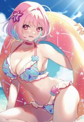 Rule 34 | 1girl, ahoge, anoa, bare arms, bare shoulders, bikini, blue bikini, blue hair, blue sky, blush, breasts, choker, cleavage, cloud, collarbone, commentary request, day, fang, fingernails, flower, frilled bikini, frills, hair flower, hair intakes, hair ornament, hand up, idolmaster, idolmaster cinderella girls, innertube, looking at viewer, medium breasts, multicolored hair, navel, open mouth, outdoors, pink hair, purple flower, red choker, red eyes, sky, solo, swim ring, swimsuit, two-tone hair, wavy mouth, yumemi riamu