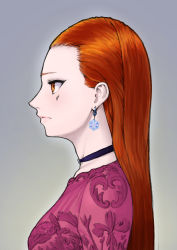 Rule 34 | 1girl, breasts, choker, closed mouth, commentary request, dress, earrings, expressionless, facial mark, female focus, from side, grey background, highres, jewelry, large breasts, long hair, matching hair/eyes, neck, necklace, orange eyes, orange hair, original, pink dress, portrait, profile, purple choker, roviahc, serious, simple background, snowflakes, snowflakes earrings, solo, upper body
