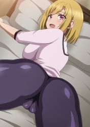 Rule 34 | 1girl, ass, black pants, blonde hair, blush, breasts, cameltoe, cleft of venus, fat mons, hara (harayutaka), highres, large breasts, long sleeves, looking at viewer, looking back, lying, on stomach, open mouth, pants, peach boy riverside, red eyes, saltorynne ardalake, shirt, short hair, smile, solo, thighs, tight clothes, tight pants, white shirt