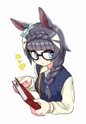 Rule 34 | 1girl, animal ears, appleq, bag, black hair, blue eyes, blue vest, book, braid, braided ponytail, breasts, collared shirt, cropped torso, glasses, grey background, highres, holding, holding book, horse ears, long hair, long sleeves, looking to the side, parted lips, shirt, shoulder bag, simple background, small breasts, solo, sweater vest, umamusume, upper body, vest, yellow shirt, zenno rob roy (umamusume)
