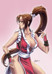 Rule 34 | 1girl, absurdres, breasts, brown hair, cleavage, eyelashes, fernando sano, hair ribbon, highres, large breasts, lips, long hair, ninja, no panties, pelvic curtain, ponytail, revealing clothes, ribbon, rope, sano br, shimenawa, shiranui mai, side slit, sideboob, smile, solo, the king of fighters, thighs