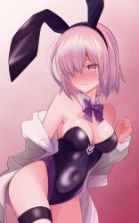 Rule 34 | 1girl, akizawa619, animal ears, bare shoulders, black leotard, breasts, cleavage, commentary, detached collar, fake animal ears, fate/grand order, fate (series), grey jacket, hair over one eye, highleg, highleg leotard, highres, jacket, large breasts, leotard, light purple hair, long sleeves, looking at viewer, mash kyrielight, off shoulder, playboy bunny, purple eyes, rabbit ears, short hair, solo, thigh strap, thighs