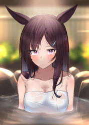 Rule 34 | 1girl, animal ears, bare shoulders, blurry, blurry background, breasts, brown hair, bust cup, cleavage, closed mouth, collarbone, hair ornament, hairclip, highres, horse ears, kuro imu, light blush, long hair, looking at viewer, medium breasts, mejiro dober (umamusume), naked towel, onsen, partially submerged, purple eyes, rock, solo, towel, umamusume, upper body, water