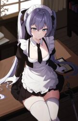 Rule 34 | 1girl, absurdres, alternate costume, apron, black dress, black survival, blue eyes, bow, breasts, closed mouth, dasi (kwts3227), desk, detached collar, dress, elena jarvinen, enmaided, eternal return: black survival, frilled apron, frills, frown, gloves, grey hair, hair bow, highres, indoors, juliet sleeves, long hair, long sleeves, looking at viewer, maid, maid apron, maid headdress, necktie, on desk, pleated dress, puffy sleeves, rapier, short dress, short necktie, sitting, on desk, skindentation, small breasts, solo, sword, thighhighs, thighs, twintails, v-shaped eyebrows, very long hair, waist apron, weapon, white gloves, white thighhighs, wing collar, zettai ryouiki
