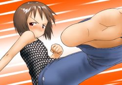 Rule 34 | 1girl, barefoot, blush, feet, foreshortening, ichigo mashimaro, incoming kick, itou nobue, kicking, soles, solo