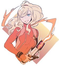 Rule 34 | 10s, 1girl, alternate hairstyle, blonde hair, blue eyes, bodysuit, commentary, cosplay, female focus, grin, gun, holding, holding weapon, impossible bodysuit, impossible clothes, metroid, nintendo, one eye closed, persona, persona 5, ponytail, radiostarkiller, red bodysuit, samus aran, samus aran (cosplay), smile, solo, super smash bros., takamaki anne, weapon, wink, zero suit