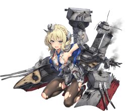 Rule 34 | 1girl, armpits, black pantyhose, blonde hair, blue dress, blue eyes, blush, breasts, cannon, capelet, clenched hand, colorado (kancolle), dress, full body, hand on own chest, kantai collection, machinery, necktie, official art, pantyhose, parsley-f, short hair, sideboob, smoke, torn clothes, torn legwear, turret