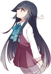 Rule 34 | 10s, 1girl, black hair, blush, brown eyes, cowboy shot, from side, hayashimo (kancolle), kantai collection, long hair, long sleeves, looking up, neck ribbon, pantyhose, profile, ribbon, school uniform, sharlorc, simple background, solo, very long hair, white background