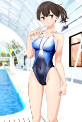 Rule 34 | 1girl, absurdres, blurry, blurry background, breasts, brown eyes, brown hair, clothes writing, commentary request, competition swimsuit, covered navel, cowboy shot, feet out of frame, highres, indoors, kaga (kancolle), kantai collection, looking at viewer, medium breasts, medium hair, multicolored clothes, multicolored swimsuit, one-piece swimsuit, pool, side ponytail, solo, standing, string of flags, swimsuit, takafumi, variant set, window