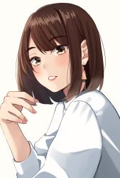 Rule 34 | 1girl, bob cut, brown background, brown eyes, brown hair, commentary request, earrings, highres, jewelry, kapatarou, long sleeves, looking at viewer, nail polish, original, parted lips, pink nails, red lips, shirt, simple background, smile, solo, thick eyebrows, upper body, white shirt