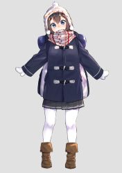 Rule 34 | 1girl, backpack, bag, beanie, black skirt, blue eyes, blue jacket, blush, boots, brown footwear, brown hair, closed mouth, commentary request, full body, grey background, hair between eyes, hat, head tilt, highres, jacket, long sleeves, looking at viewer, mittens, original, pantyhose, pleated skirt, print headwear, scarf, simple background, skirt, smile, solo, standing, suzunari shizuku, white hat, white mittens, white pantyhose, white scarf, yuki arare