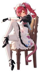Rule 34 | 1girl, absurdres, black dress, black footwear, black gloves, breasts, cat tail, closed mouth, dress, fake tail, gloves, gun, handgun, high heels, highres, leg up, long hair, looking at viewer, maid headdress, medium breasts, nekota tsuna, nekota tsuna (3rd costume), official alternate costume, pantyhose, partially fingerless gloves, red hair, seo garam, short sleeves, side ponytail, sitting, solo, tail, virtual youtuber, vspo!, weapon, white background, white pantyhose, yellow eyes