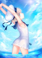 Rule 34 | 10s, 1girl, anchor, armpits, arms up, ass, beret, bird, blue eyes, blush, clothes writing, cloud, colored eyelashes, cowboy shot, day, dress, flat chest, hat, kantai collection, looking at viewer, looking back, no panties, partially submerged, sailor collar, sailor dress, sailor hat, see-through, shigaraki (strobe blue), short dress, short hair, silver hair, sky, smile, solo, stretching, wading, water, white hat, wind, z1 leberecht maass (kancolle)