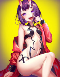 Rule 34 | 1girl, absurdres, amaroku neko, bare legs, breasts, fangs, fate/grand order, fate (series), finger in own mouth, highres, horns, knee up, looking at viewer, mouth pull, navel, oni, open clothes, open mouth, purple eyes, purple hair, revealing clothes, short hair, shuten douji (fate), sitting, skin-covered horns, small breasts, smile, solo, thighs, tongue