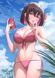 Rule 34 | 1girl, :d, azki (hololive), bare arms, bare shoulders, bikini, blue eyes, blurry, bokeh, breasts, brown hair, can, cleavage, cloud, collarbone, commentary, cowboy shot, depth of field, dot nose, drink can, forehead, groin, hands up, head tilt, highres, holding, holding can, hololive, large breasts, looking at viewer, multicolored hair, nail polish, navel, open mouth, outdoors, palm tree, pink bikini, pink hair, red nails, short hair, shougun (chuckni1), sky, smile, soda can, solo, swimsuit, thighs, tree, two-tone hair, virtual youtuber