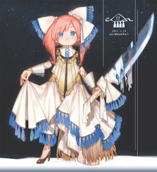Rule 34 | 1girl, bad id, bad pixiv id, black footwear, blue eyes, blush, bow, closed mouth, commentary request, dated, dress, hair bow, high heels, highres, holding, holding sword, holding weapon, long hair, looking at viewer, original, pink hair, skirt hold, solo, standing, sword, twitter username, weapon, white bow, white dress, yai (hachihito)