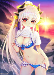 Rule 34 | 1girl, bikini, blue bikini, breasts, clothes in mouth, clothes lift, cowboy shot, dragon girl, dragon horns, fate/grand order, fate (series), frilled bikini, frills, heart, heart-shaped pupils, horns, kiyohime (fate), kiyohime (fate/grand order), kiyohime (swimsuit lancer) (fate), kiyohime (swimsuit lancer) (third ascension) (fate), large breasts, lifted by self, long hair, minamo25, mouth hold, navel, outdoors, palm tree, red eyes, ribbon, rock, shirt, shirt in mouth, shirt lift, solo, standing, swimsuit, symbol-shaped pupils, tree, white hair, white shirt, yellow ribbon