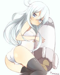 Rule 34 | 10s, 1girl, ass, black thighhighs, bracelet, grey eyes, hammer and sickle, hibiki (kancolle), jewelry, kantai collection, long hair, looking at viewer, nonono (mino), one-piece swimsuit, school swimsuit, silver hair, solo, star (symbol), swimsuit, thighhighs, torpedo, verniy (kancolle), white school swimsuit, white one-piece swimsuit
