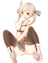 Rule 34 | 10s, 1girl, anus, ass, azuki (krps-hano), bare arms, belt, black thighhighs, blonde hair, blue eyes, blue ribbon, boots, breasts, breasts out, collarbone, cross-laced footwear, cucouroux (granblue fantasy), full body, granblue fantasy, hair ribbon, highres, lace-up boots, looking at viewer, manatsuki manata, medium breasts, miniskirt, nipples, no panties, off-shoulder shirt, off shoulder, one breast out, open mouth, partially visible vulva, pleated skirt, pussy, pussy peek, ribbon, shirt, simple background, sitting, skirt, solo, swept bangs, thighhighs, thighs, tongue, twintails, uncensored, white footwear, white shirt