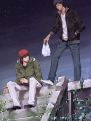 Rule 34 | 2boys, aomine daiki, bag, black jacket, blue hair, can, chinese commentary, dark-skinned male, dark skin, denim, drink, full body, fur-trimmed jacket, fur trim, hand in pocket, highres, holding, holding bag, holding drink, hood, hood down, jacket, jeans, kagami taiga, ladder, long sleeves, male focus, multiple boys, night, night sky, outdoors, pants, paper bag, plastic bag, red hair, shoes, short hair, sitting, sky, sneakers, star (sky), sweatdrop, white pants, xuan zhi yue ying