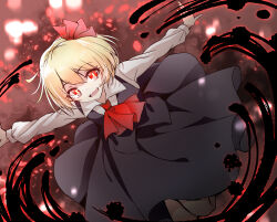Rule 34 | 1girl, absurdres, ascot, black dress, blonde hair, darkness, dress, hair ribbon, highres, kinese (katasutorohu), long sleeves, looking at viewer, open mouth, outstretched arms, red ascot, red background, red eyes, red ribbon, ribbon, rumia, short hair, solo, touhou