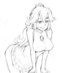 Rule 34 | 1girl, :p, :q, ass, bad id, bad pixiv id, bare shoulders, bent over, breasts, breasts squeezed together, covered erect nipples, crown, female focus, ge-b, greyscale, jitome, large breasts, licking lips, long hair, mario (series), mini crown, monochrome, naughty face, nintendo, princess peach, sketch, solo, tongue, tongue out, very long hair