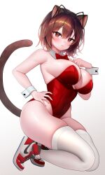 Rule 34 | 1girl, absurdres, animal ears, armpits, artist request, bare shoulders, black hairband, bow, bowtie, breasts, brown hair, cat ears, cat girl, cat tail, cleavage, closed mouth, commission, covered navel, detached collar, fake animal ears, full body, hairband, hand on own hip, hand up, heart, heart-shaped pupils, highleg, highleg leotard, highres, large breasts, leotard, looking at viewer, mole, mole under eye, nontraditional playboy bunny, original, prunechi, red eyes, red footwear, red leotard, second-party source, shoes, short hair, simple background, skindentation, sneakers, solo, strapless, strapless leotard, symbol-shaped pupils, tail, tail raised, thighhighs, thighs, white background, white thighhighs, wrist cuffs