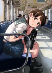 Rule 34 | 2boys, 2girls, bag, black socks, blue sailor collar, blue skirt, brown eyes, brown hair, collared shirt, commentary request, kantai collection, kneehighs, looking at viewer, low twintails, makio (makiomeigenbot), multiple boys, multiple girls, parted bangs, pleated skirt, sailor collar, school bag, school uniform, serafuku, shirayuki (kancolle), shirt, short twintails, skirt, smile, socks, solo focus, train interior, twintails