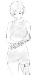 Rule 34 | 1girl, crop top, greyscale, hand on own wrist, highres, looking at viewer, midriff, monochrome, navel, niwatazumi, original, prosthesis, prosthetic arm, prosthetic leg, short hair, shorts, sketch, solo, white background