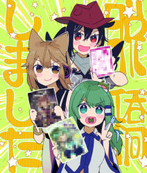 Rule 34 | 3girls, :d, annotated, black hair, blush stickers, bracelet, brown eyes, brown hair, censored, detached sleeves, earmuffs, frog hair ornament, green eyes, green hair, hair ornament, hair tubes, hat, holding, holding drawing, jewelry, kochiya sanae, kurokoma saki, long hair, looking at viewer, mosaic censoring, multiple girls, open mouth, pointy hair, red eyes, shirt, smile, snake hair ornament, star (symbol), star print, starry background, syuri22, touhou, toyosatomimi no miko, v, w, wide sleeves