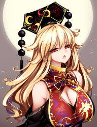 Rule 34 | 1girl, absurdres, adapted costume, bare shoulders, black hat, blonde hair, breasts, brown background, cleavage, cleavage cutout, clothing cutout, crescent, detached sleeves, eyelashes, full moon, half-closed eyes, hat, highres, junko (touhou), large breasts, long hair, looking at viewer, moon, open mouth, raptor7, red eyes, simple background, solo, tabard, tassel, touhou, upper body, wavy mouth