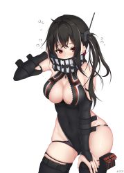 Rule 34 | 1girl, arm warmers, azur lane, bad id, bad pixiv id, bandana, bandana over mouth, bare shoulders, bikini, bikini bottom only, black bandana, black hair, black one-piece swimsuit, black panties, blush, breasts, bubble, cleavage, commentary, competition swimsuit, covered mouth, english commentary, front zipper swimsuit, groin, hair ornament, highres, large breasts, long hair, looking at viewer, lowleg, lowleg bikini, medium breasts, meme attire, navel, one-piece swimsuit, panties, pouch, red eyes, side ponytail, simple background, solo, standing, swimsuit, thighhighs, u-47 (azur lane), underwear, white background