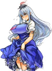 Rule 34 | 1girl, blue eyes, blue hair, blush, breasts, clothes lift, dress, dress lift, flying sweatdrops, hat, huge breasts, kamishirasawa keine, large breasts, long hair, matching hair/eyes, perky breasts, sachito, simple background, skirt, skirt hold, skirt lift, solo, touhou, white background