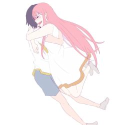 Rule 34 | 10s, 1boy, 1girl, bare shoulders, black hair, blue shorts, blush, closed eyes, collarbone, commentary request, couple, darling in the franxx, dress, fangs, grey footwear, hand on another&#039;s back, hetero, hiro (darling in the franxx), hug, long hair, mukkun696, no socks, open mouth, pink hair, shoes, short hair, shorts, sleeveless, sleeveless dress, tears, white dress, zero two (darling in the franxx)