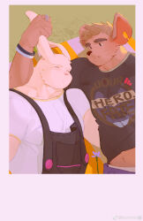 Rule 34 | 2boys, absurdres, animal ears, bara, blush, borrowed character, brown fur, clothes writing, couple, from above, furry, furry male, furry with furry, grabbing another&#039;s ear, hand on another&#039;s ear, highres, huge eyebrows, human (uleez), kn (10112650), large pectorals, light smile, male focus, midriff peek, mouse boy, multiple boys, muscular, muscular male, notched ear, original, overalls, parted lips, pectorals, rabbit boy, rabbit boy (uleez), rabbit ears, shirt, short hair, sleeping, t-shirt, thick neck, whiskers, yaoi
