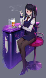 Rule 34 | 1girl, absurdres, alcohol, ashtray, beer, between fingers, black hair, cigarette, counter, cup, drinking glass, full body, grey background, high heels, highres, holding, holding cigarette, ie (raarami), jill stingray, long hair, necktie, pantyhose, pencil skirt, red eyes, red necktie, shirt, simple background, sitting, skirt, smoke, smoking, solo, stool, twintails, va-11 hall-a, vest, white shirt