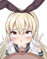 Rule 34 | 10s, 1boy, 1girl, :&gt;=, ahegao, blonde hair, blush, brown eyes, clothed female nude male, cum, cum in mouth, cumdrip, double v, erection, fellatio, heart, heart-shaped pupils, hetero, highres, kantai collection, long hair, looking at viewer, looking up, male pubic hair, nude, oral, penis, pubic hair, rattan tantaka, saliva, shimakaze (kancolle), simple background, symbol-shaped pupils, uncensored, v, veins, veiny penis, white background