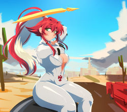 Rule 34 | 1girl, alternate hairstyle, blue sky, breasts, cactus, desert, green eyes, guilty gear, guilty gear strive, highres, jack-o&#039; valentine, large breasts, looking at viewer, mountain, multicolored hair, ponytail, red hair, road, sand, sky, smile, solo, sunikito, thighs, two-tone hair, wrecking ball
