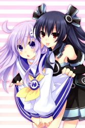 Rule 34 | 10s, 2girls, :o, :p, absurdres, ahoge, bare shoulders, black hair, blush, bow, breasts, choker, choujigen game neptune mk2, clothes lift, d-pad, dress, dress lift, elbow gloves, fingerless gloves, flat chest, gloves, hair bow, hair ornament, highres, long hair, multiple girls, nepgear, neptune (series), official art, open mouth, purple eyes, purple hair, red eyes, ribbon, scan, school uniform, skirt, skirt lift, smile, striped, striped background, tail, tears, thighhighs, tongue, tongue out, tsunako, two side up, uni (neptunia)