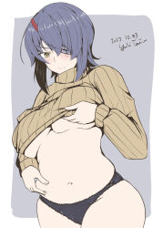 Rule 34 | 1girl, alternate costume, belly, belly grab, black panties, breasts, brown sweater, closed mouth, commentary request, cowboy shot, dated, eyepatch, highres, kantai collection, lace, lace-trimmed panties, lace trim, large breasts, looking down, panties, pinching, plump, purple background, purple hair, ribbed sweater, short hair, signature, skindentation, solo, standing, sweater, taira yuuki, tenryuu (kancolle), two-tone background, underboob, underwear, weight conscious, yellow eyes