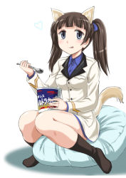 Rule 34 | 10s, 1girl, :p, animal ears, black socks, blue eyes, blue shirt, blunt bangs, blush, brave witches, brown hair, dress shirt, eating, food, georgette lemare, highres, holding, ice cream, jacket, long hair, long sleeves, looking at viewer, military, military uniform, no pants, pillow, ribbon, shirt, sitting, socks, solo, spoon, strike witches, tail, tongue, tongue out, twintails, uniform, wan&#039;yan aguda, white jacket, world witches series