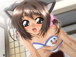 Rule 34 | 1girl, :d, ahoge, all fours, animal ears, animal print, aoba nanami, bandeau, bear print, bikini tan, blush, bow, bow bra, bow panties, bra, breasts, brown hair, cameltoe, cat ears, flat chest, foreshortening, from below, game cg, grey eyes, hair between eyes, hair ribbon, indoors, lingerie, looking at viewer, minna de nyan nyan, navel, open mouth, panda, panties, print bra, ribbon, short hair, short twintails, sirpent, small breasts, smile, solo, spread legs, strapless, strapless bra, studio sunadokei, sweat, tan, tanline, twintails, underwear, underwear only, white bra, white panties